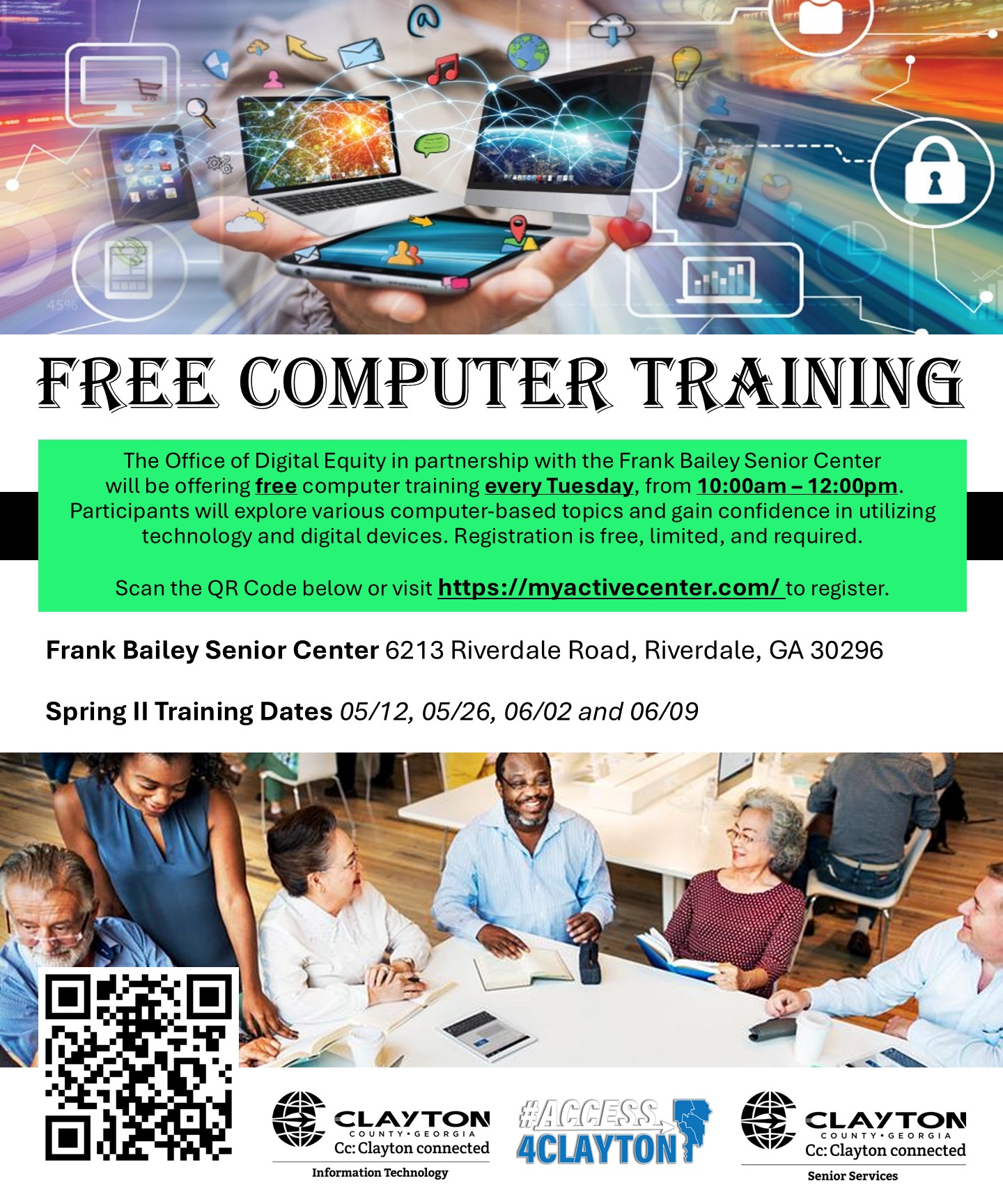 flyer for free computer training at frank bailey senior center every tuesday morning from may 12, 2026 through june 9, 2026