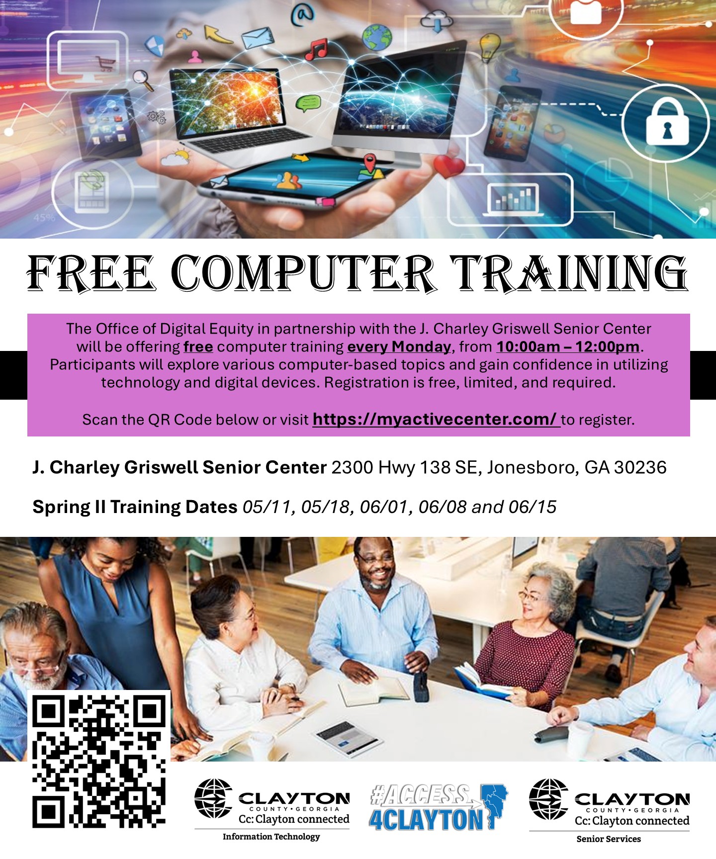 flyer for free computer training at j charley griswell senior center every monday morning from may 11, 2026 through june 15, 2026