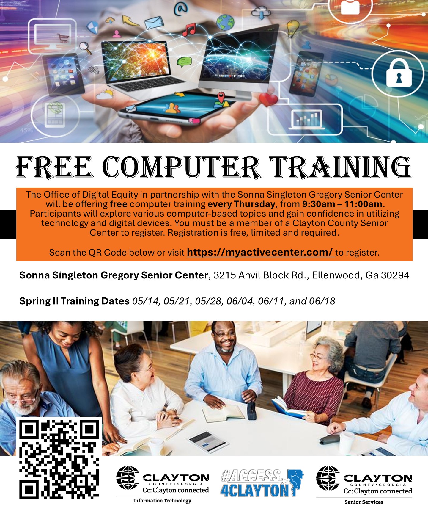 flyer for free computer training at sonna singleton gregory senior center every thursday morning from may 14, 2026 through june 18, 2026