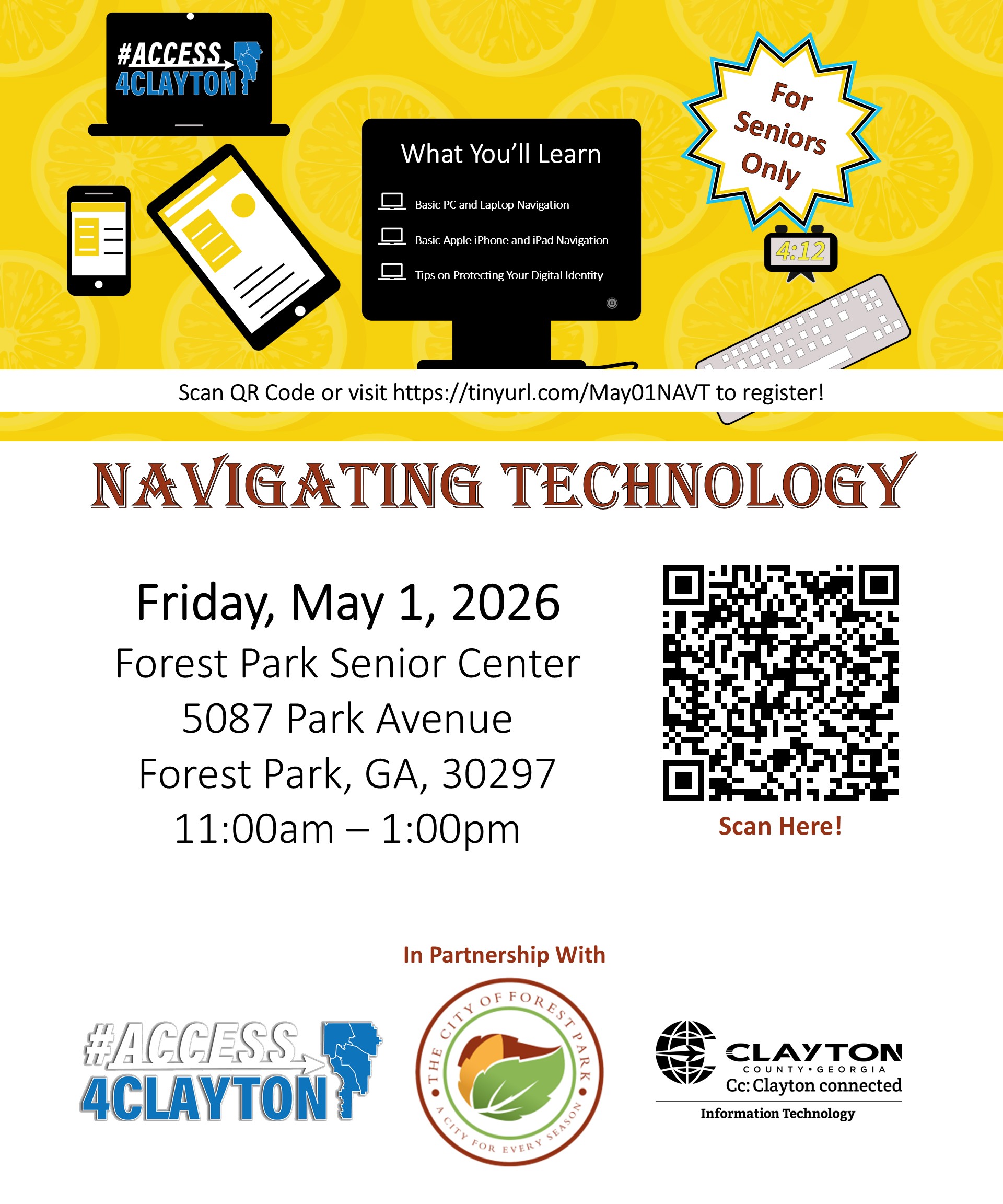 flyer for may 1, 2026 navigating technology training at forest partk senior center