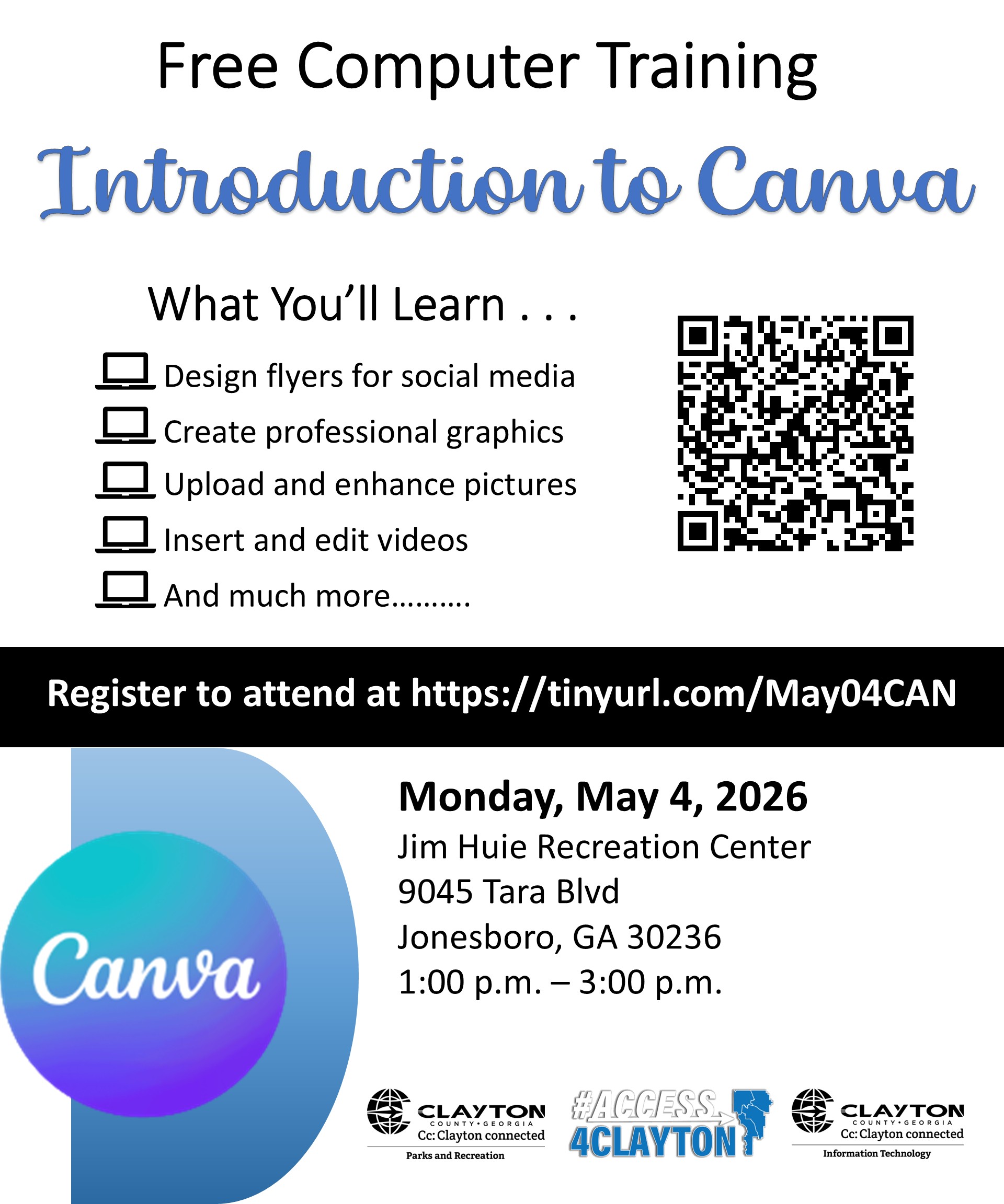 flyer for free canva training at the jim huie recreation center on may 4, 2026