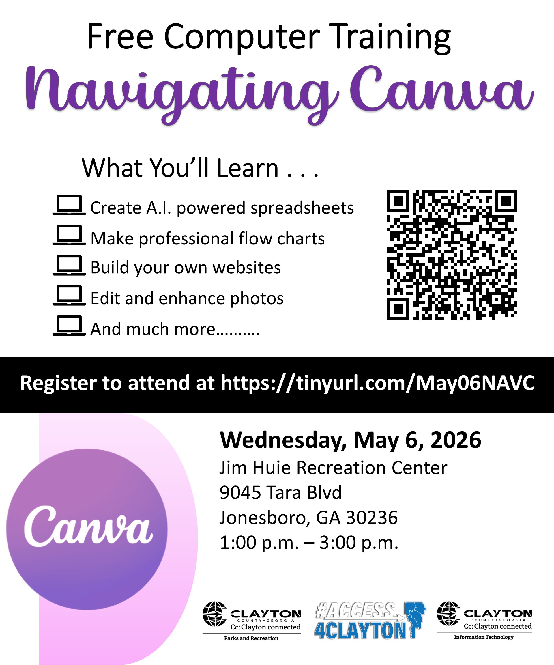 flyer for free canva training at the jim huie recreation center on may 6, 2026
