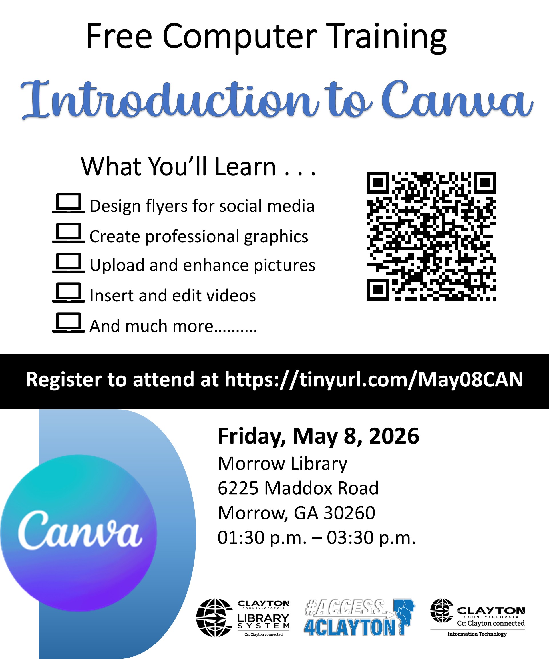 flyer for free canva training at the morrow library on may 8, 2026