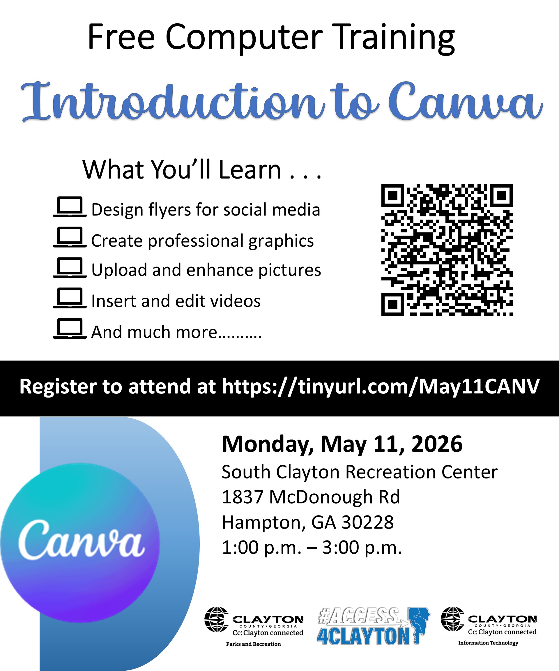 flyer for free canva training at the south clayton recreation center on may 11, 2026