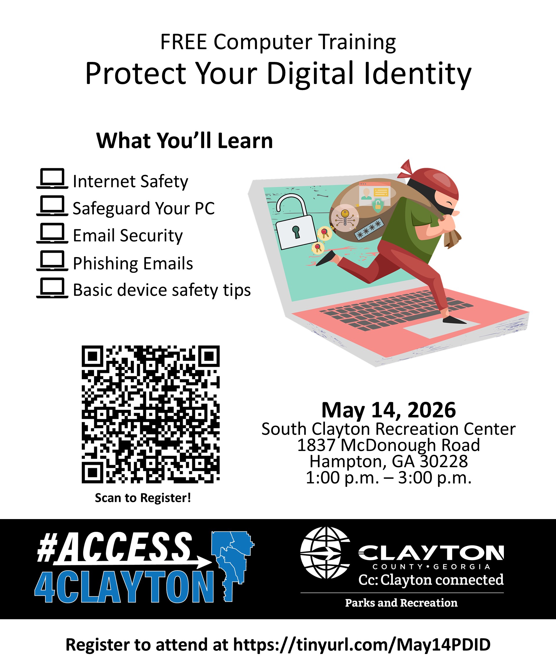 flyer for free 'protect your digital identity' training on may 14, 2026
