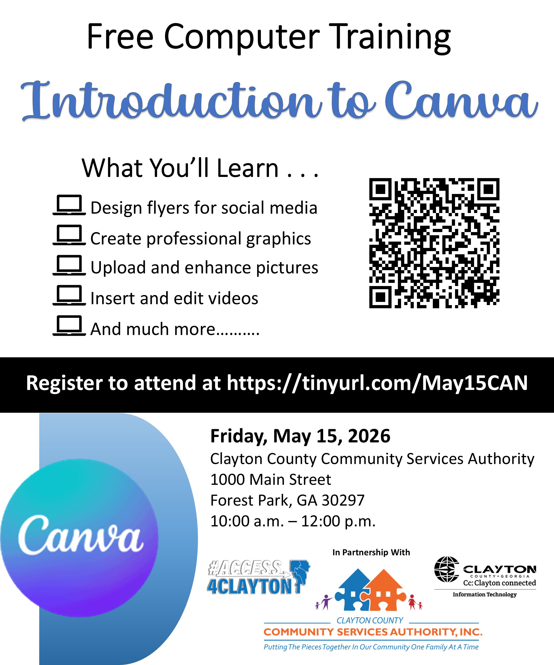 flyer for free canva training at the clayton county community services authority on may 15, 2026