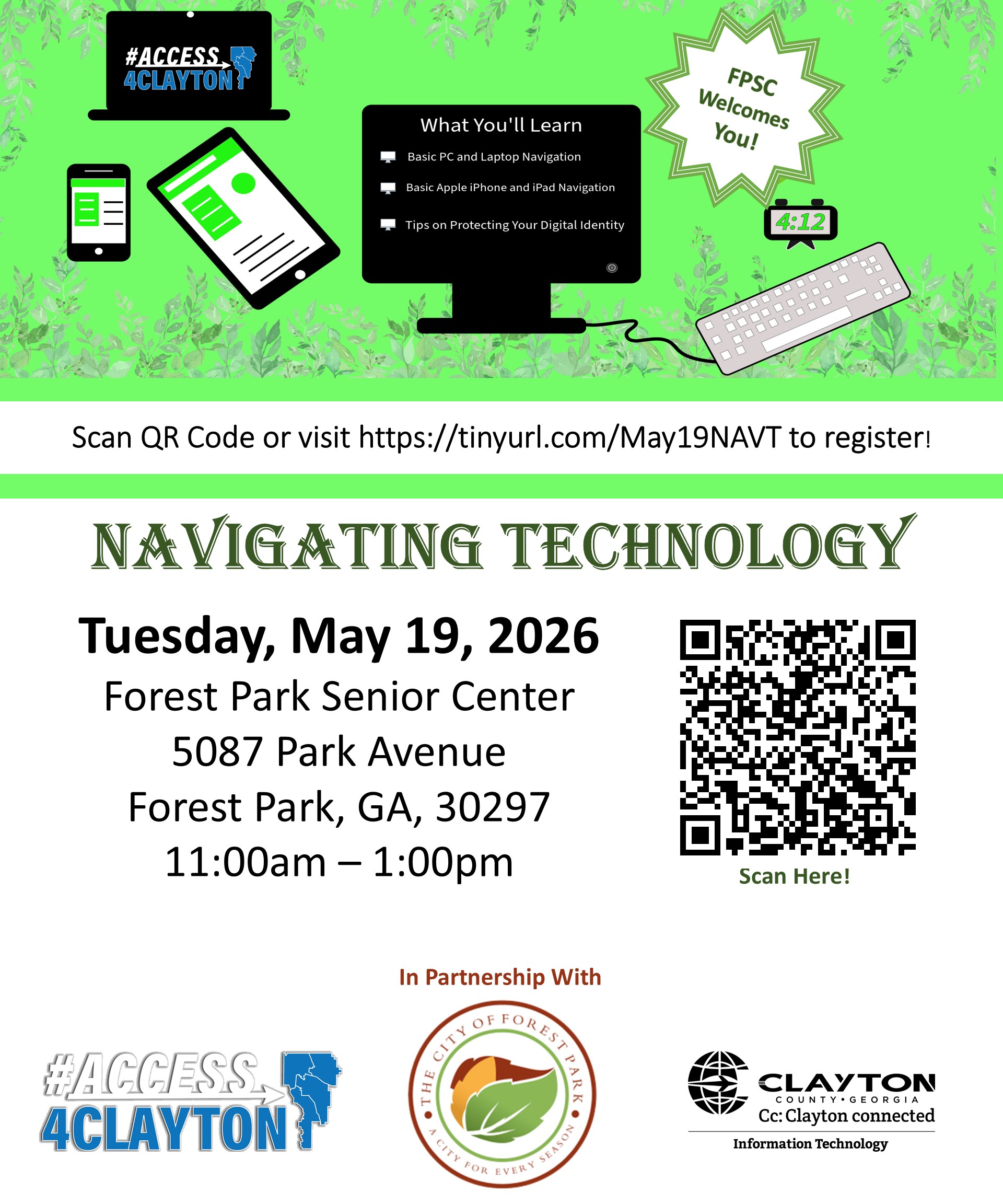 flyer for may 19, 2026 navigating technology training at forest partk senior center