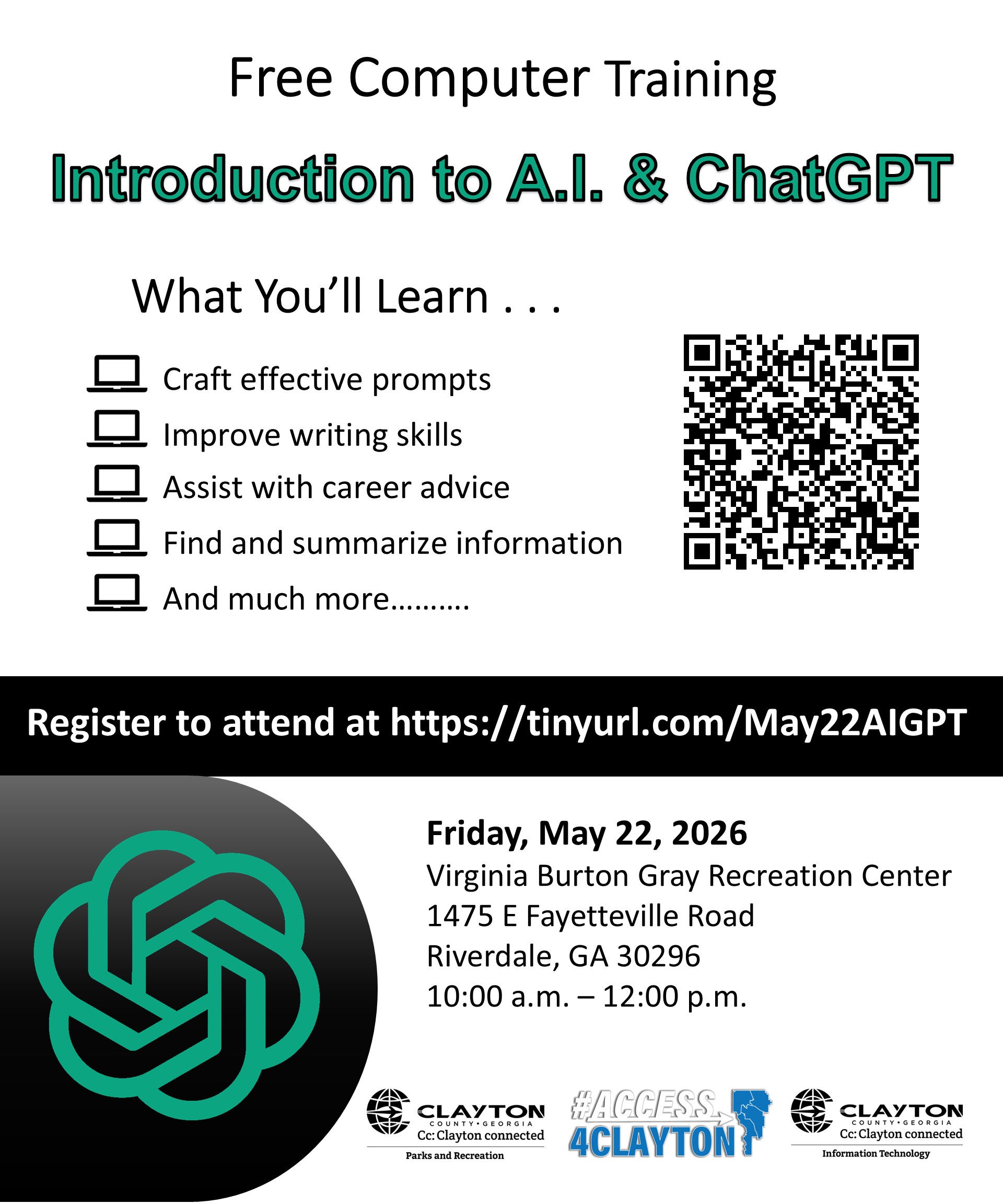 flyer for may 22, 2026 introduction to a.i. and chatgpt training
