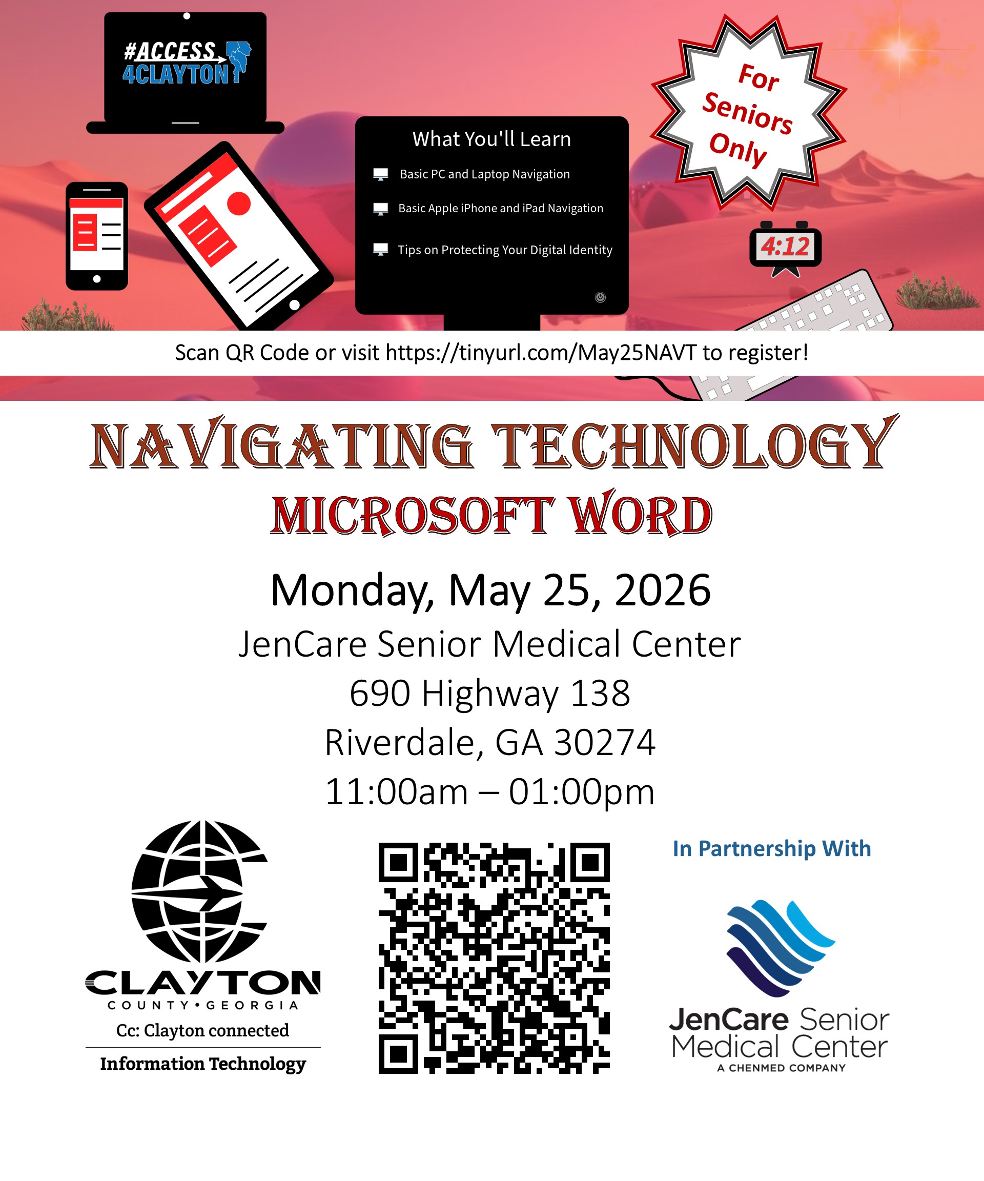 flyer for may 25, 2026 navigating technology training at jencare senior medical center