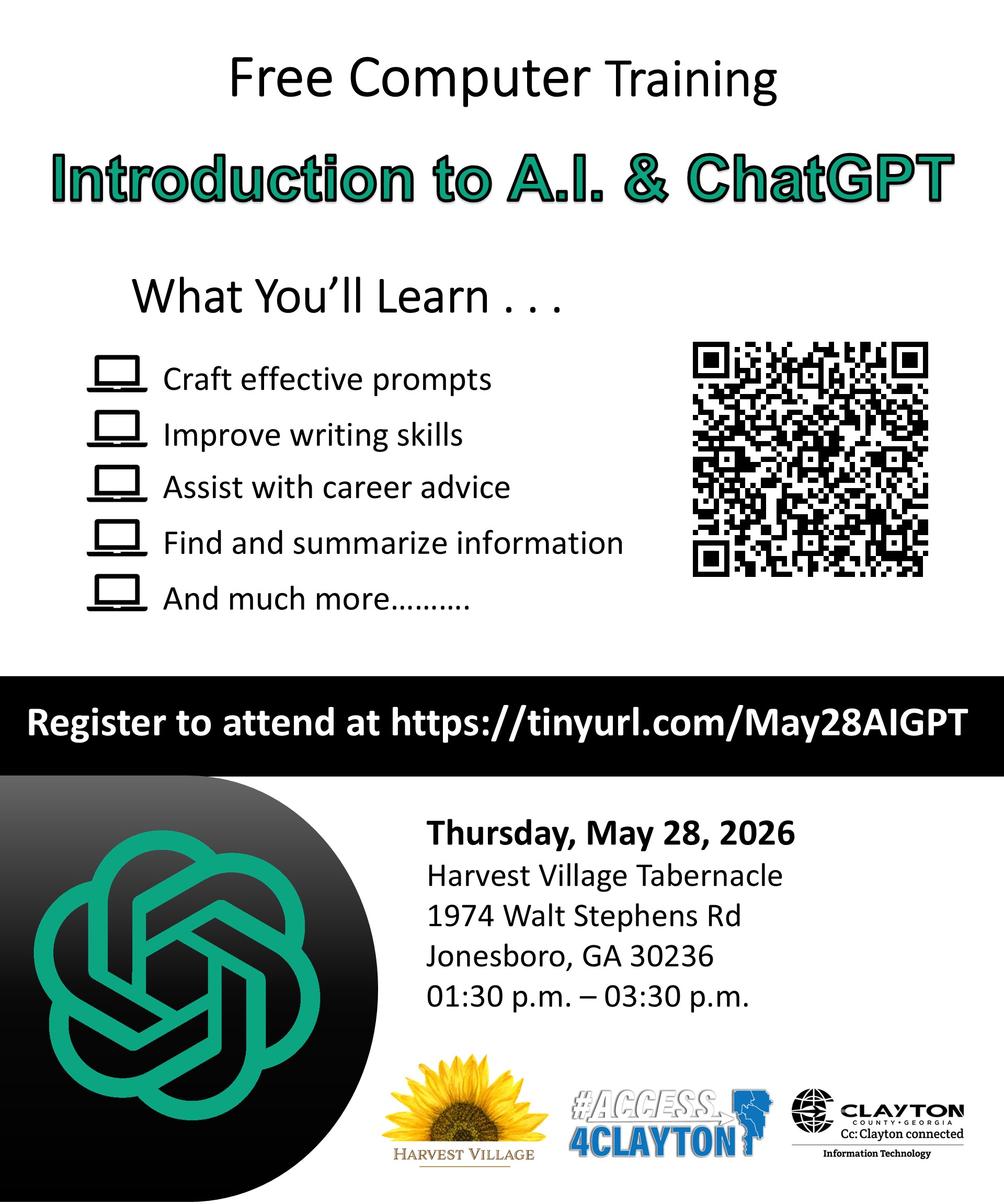 flyer for may 28, 2026 introduction to a.i. and chatgpt training