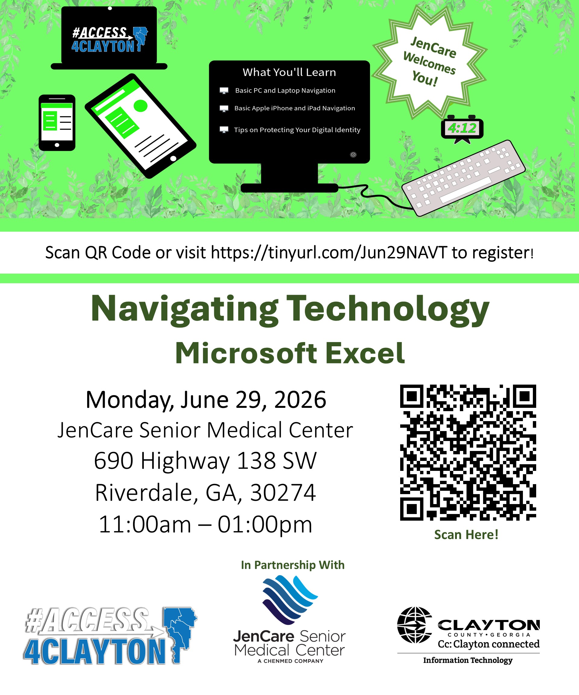 flyer for june 29, 2026 navigating technology training at jencare senior medical center