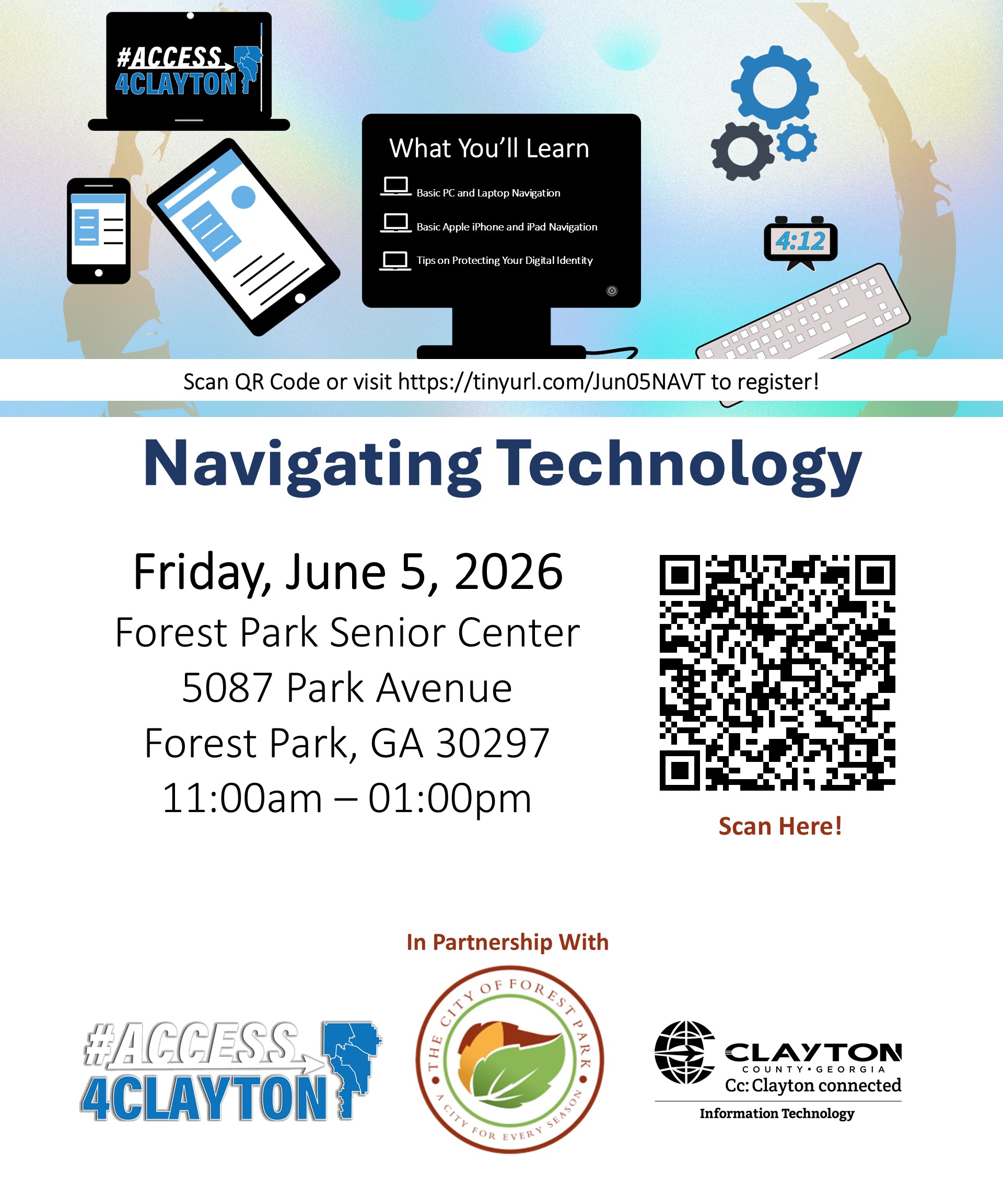 flyer for june 5, 2026 navigating technology training at forest partk senior center