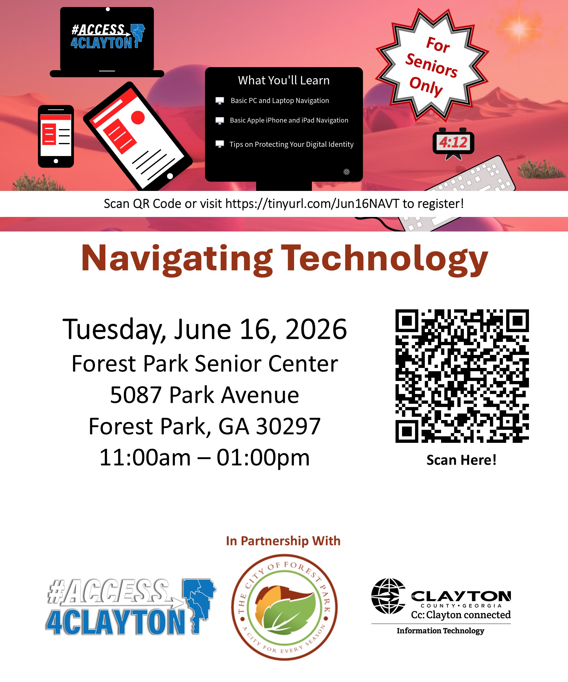 flyer for june 16, 2026 navigating technology training at forest partk senior center