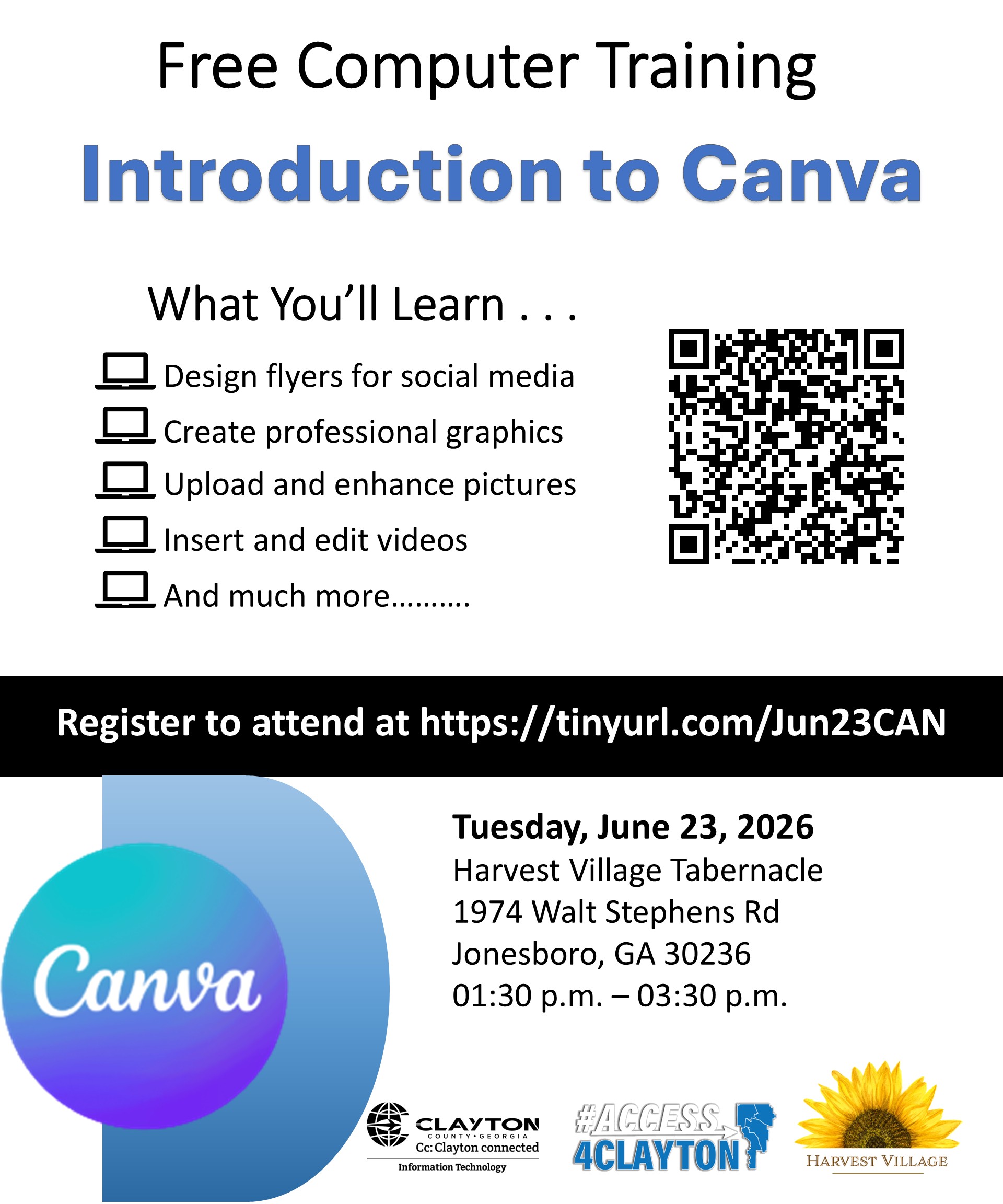 flyer for free canva training at harvest village tabernacle on june 23, 2026