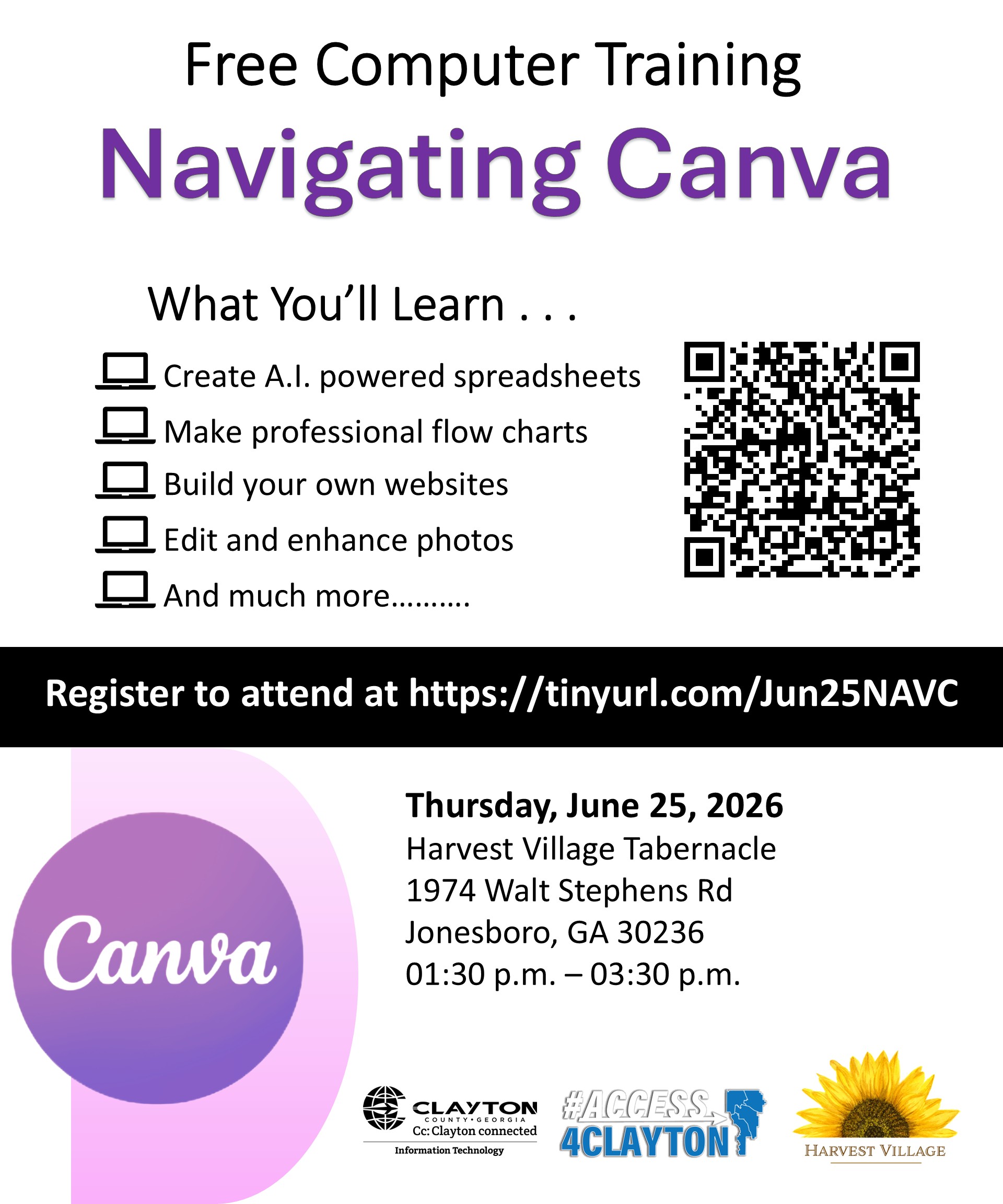 flyer for free canva training at harvest village tabernacle on june 25, 2026
