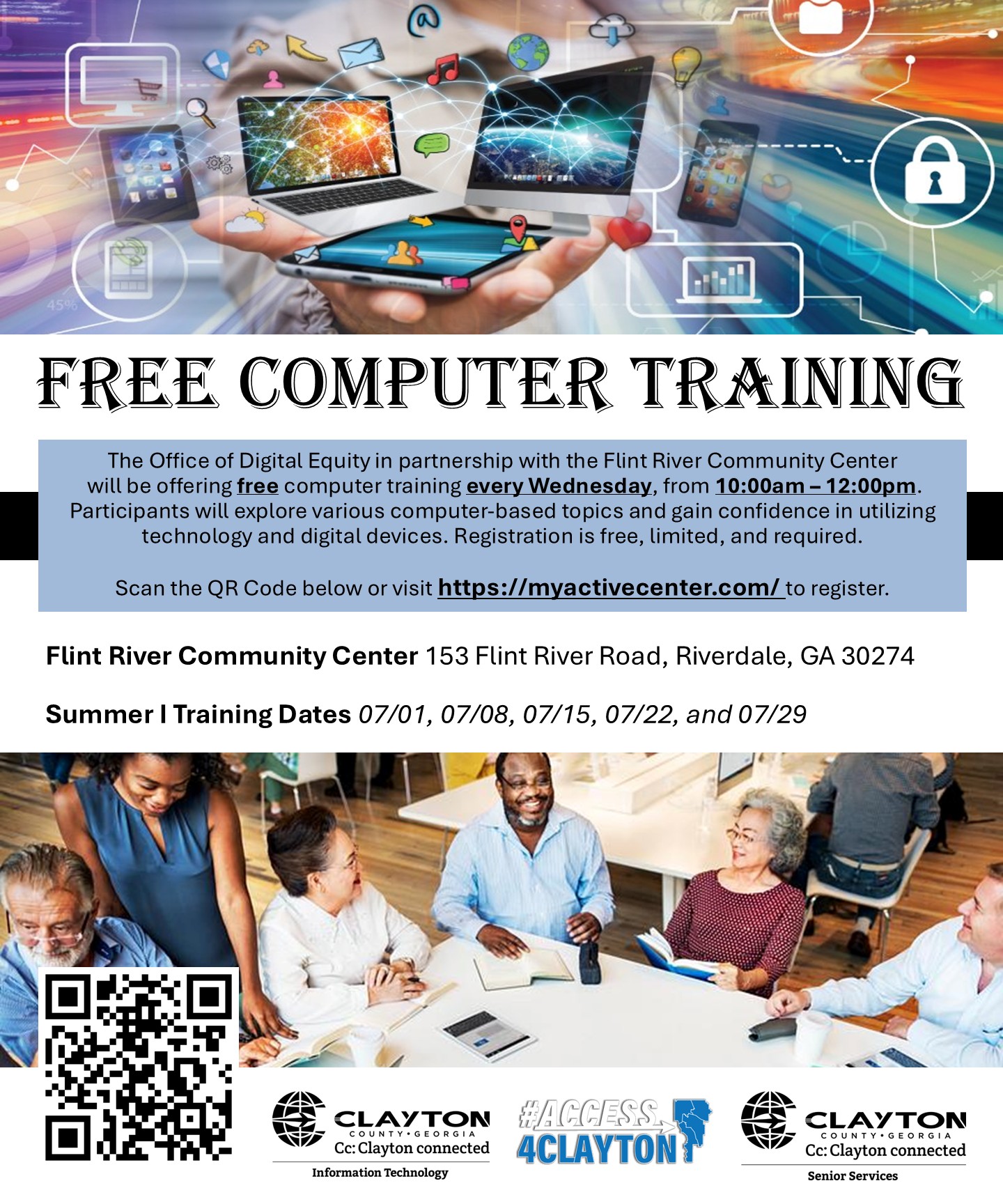 flyer for free computer training at flint river community center every wednesday morning from july 1, 2026 through july 29, 2026