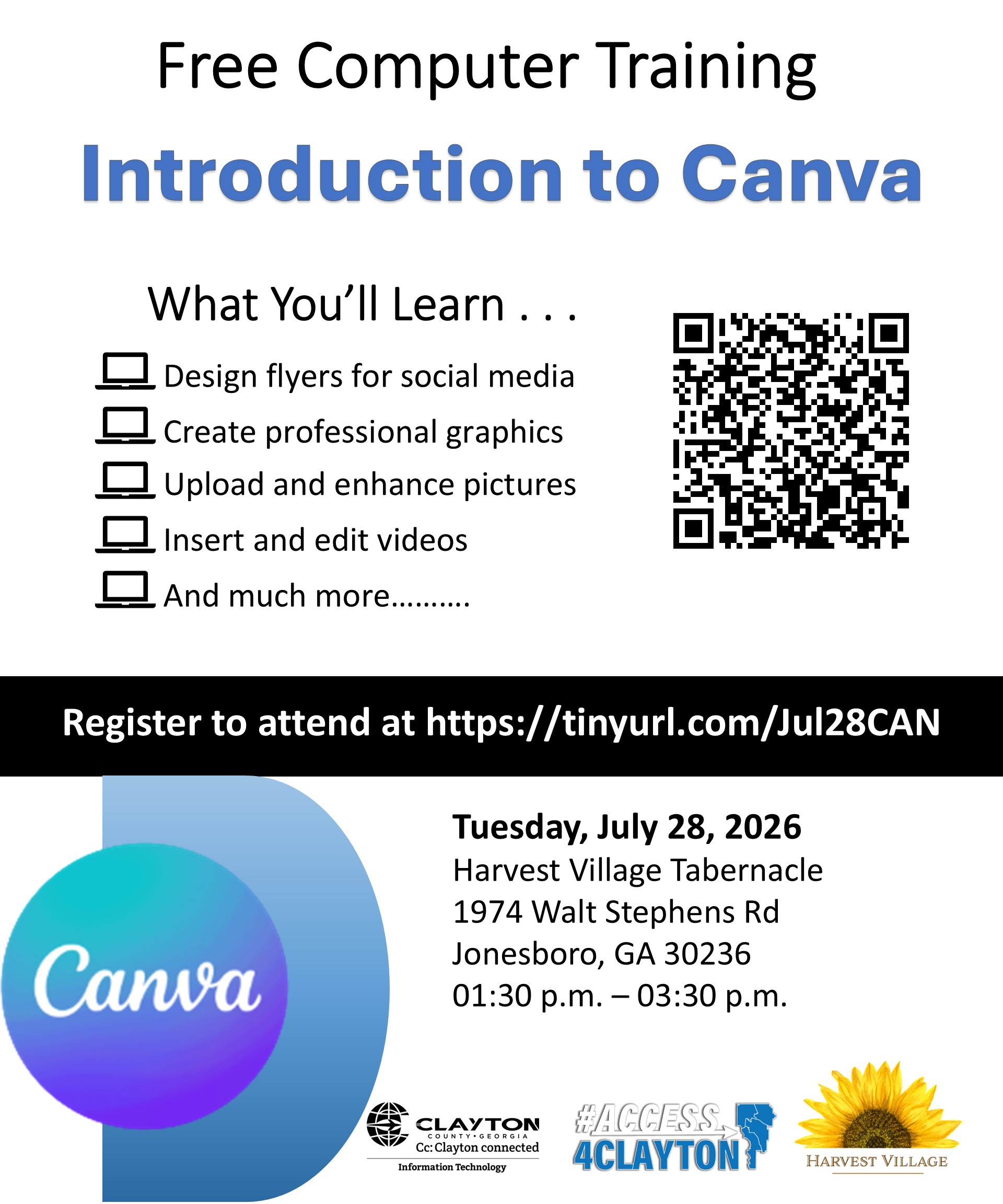 flyer for free canva training at harvest village tabernacle on july 28, 2026