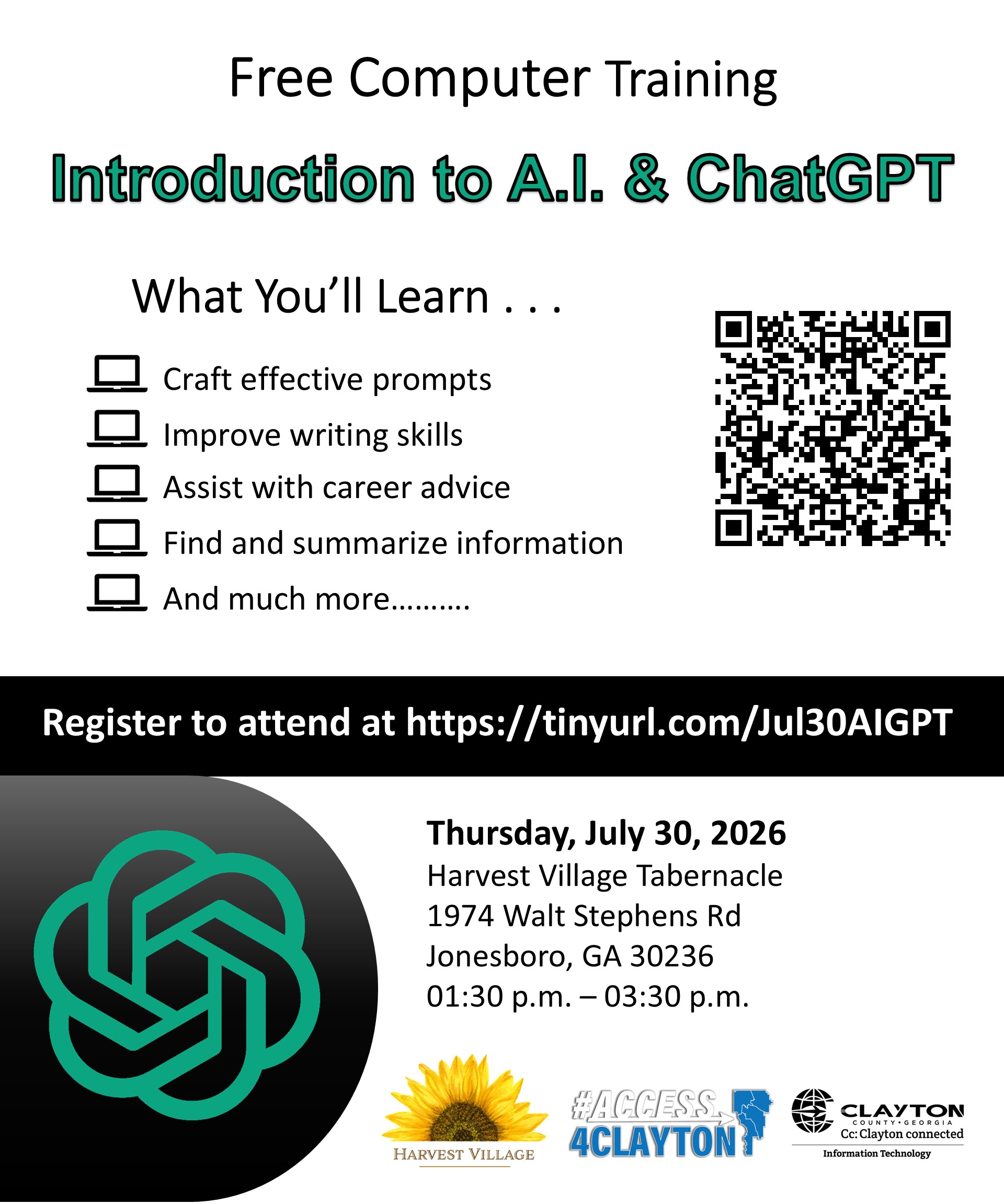 flyer for july 30, 2026 introduction to a.i. and chatgpt training at harvest village tabernacle