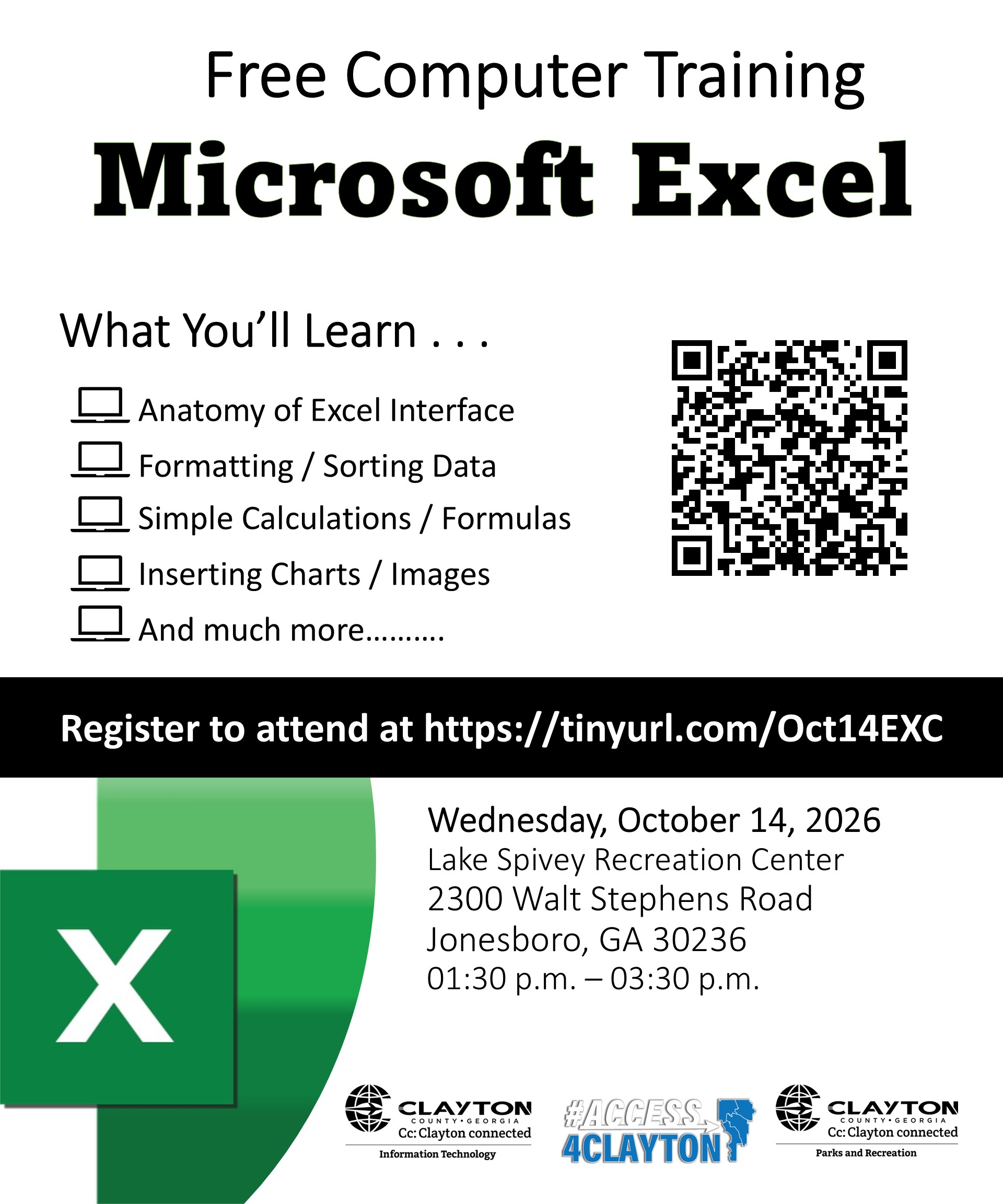 flyer for october 14, 2026 microsoft excel training at lake spivey recreation center