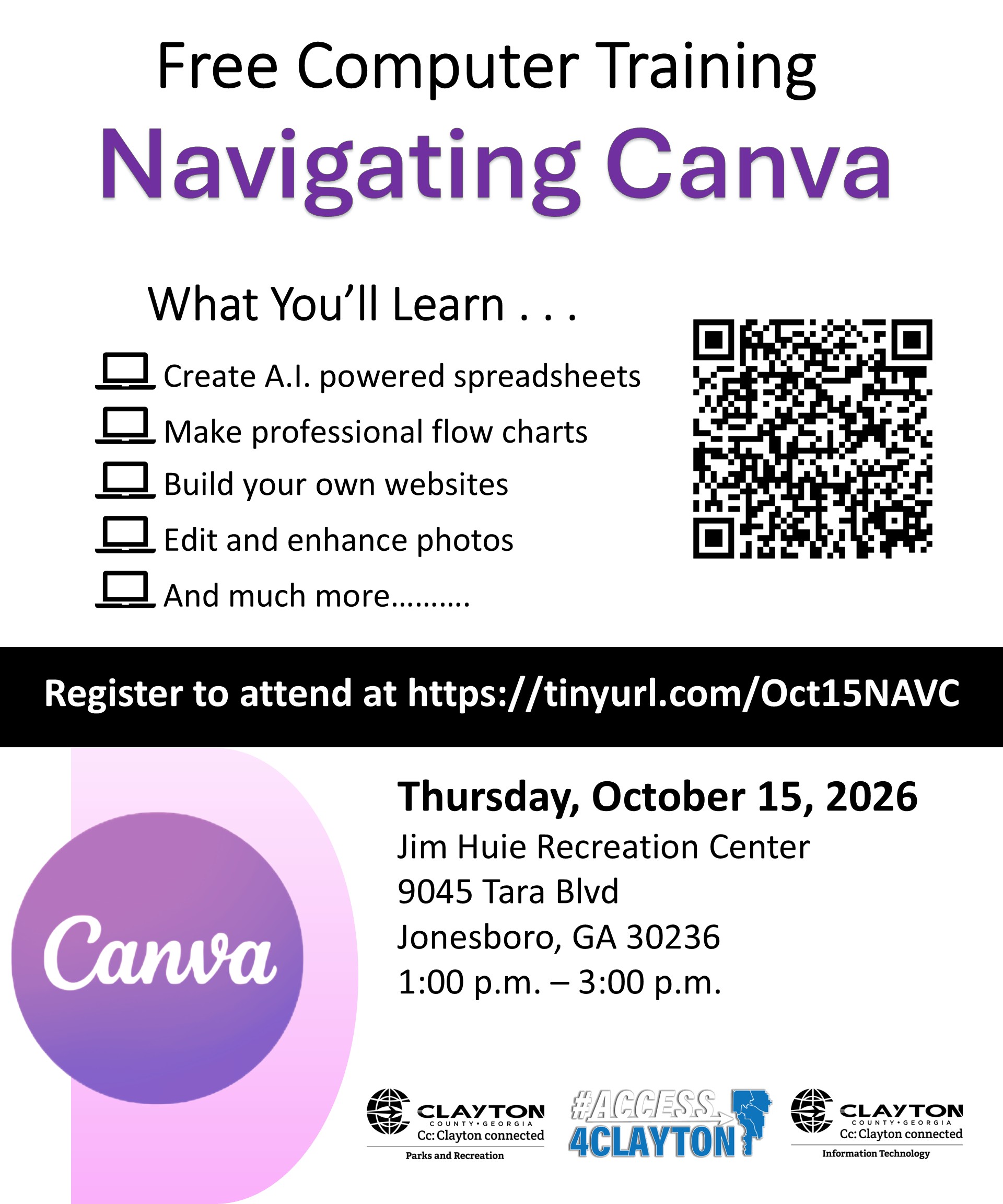 flyer for free canva training at jim huie recreation center on october 15, 2026