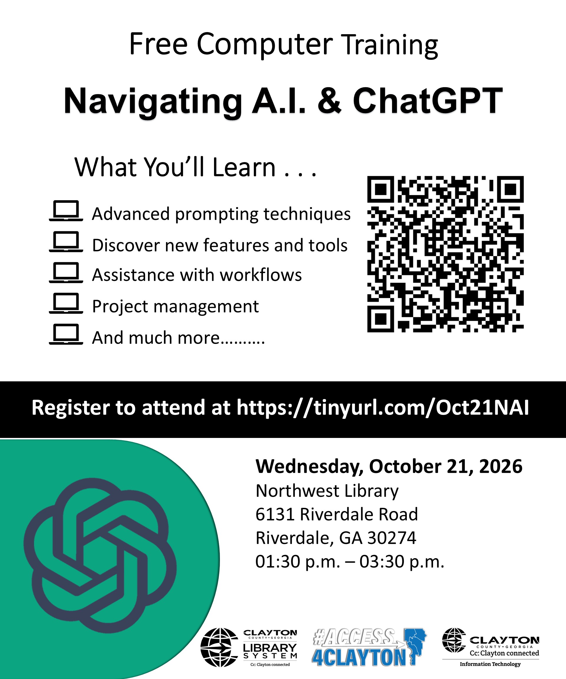 flyer for free a.i. and chatgpt training on october 21, 2026 at northwest library