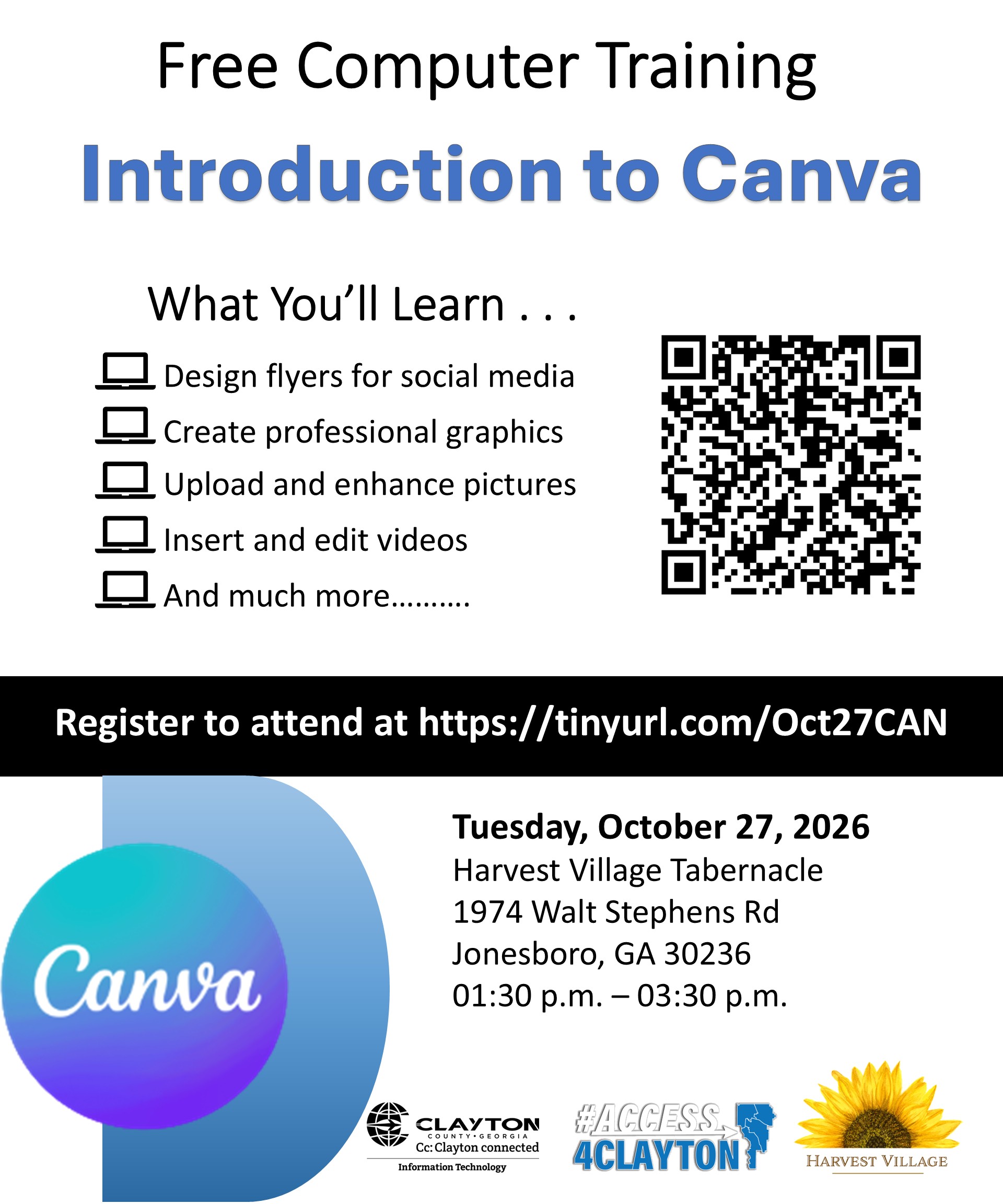 flyer for free canva training at harvest village baptist church on october 27, 2026