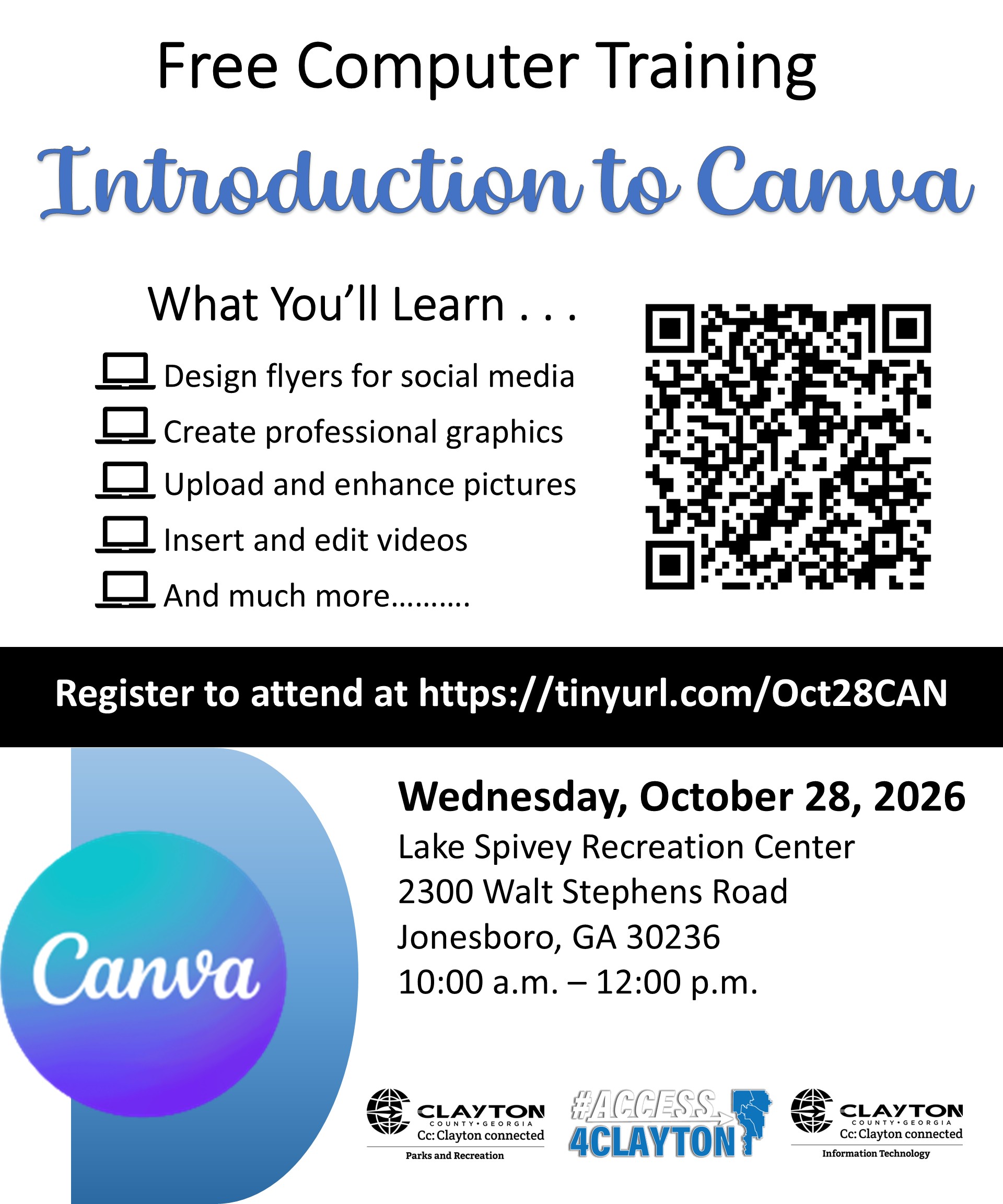 flyer for free canva training at lake spivey recreation center on october 28, 2026