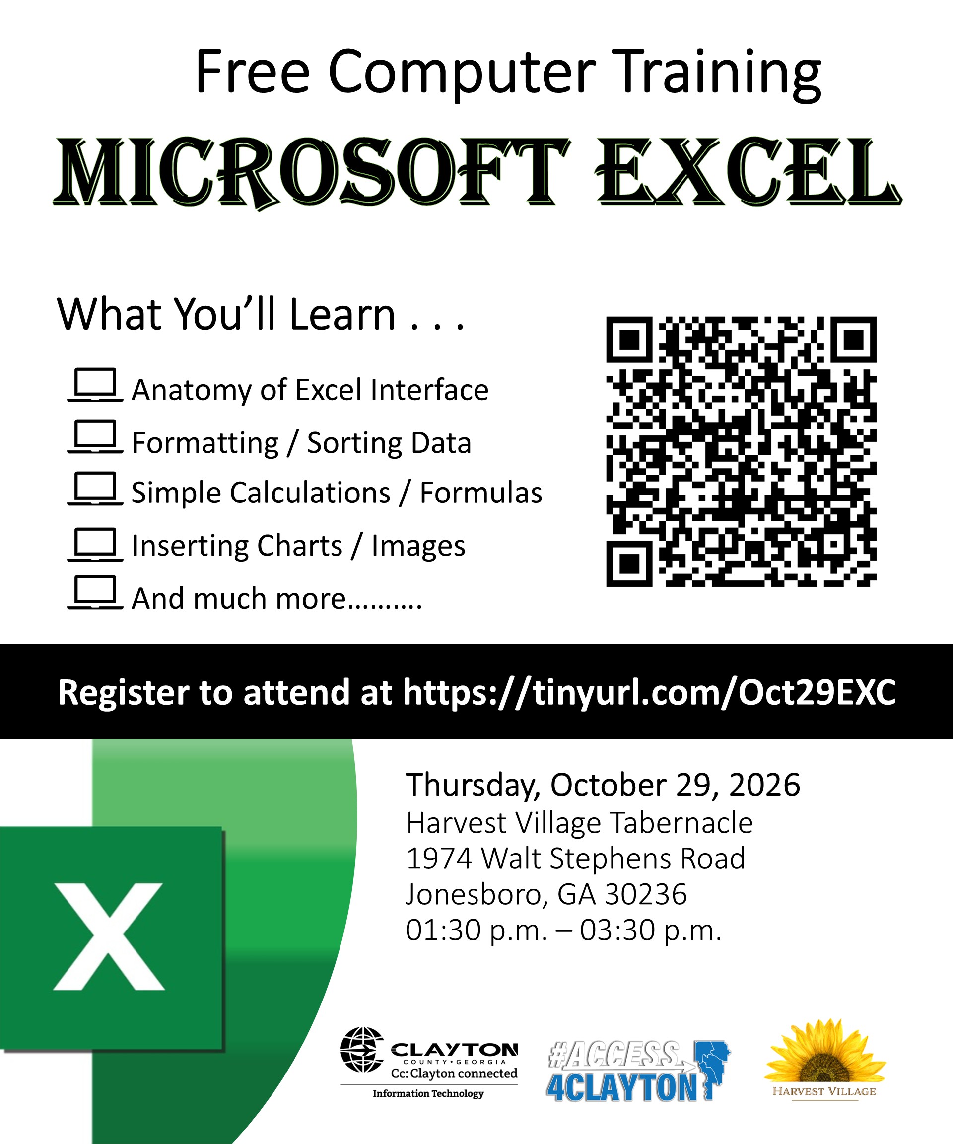 flyer for free microsoft excel training on october 29, 2026 at harvest village tabernacle